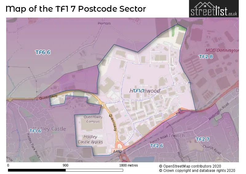 Map of the TF1 7 and surrounding postcode sector