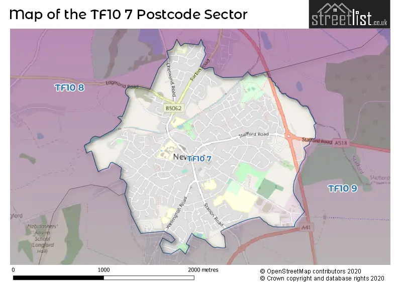 Map of the TF10 7 and surrounding postcode sector