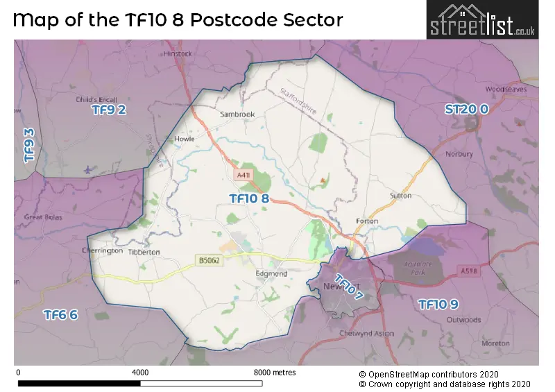 Map of the TF10 8 and surrounding postcode sector