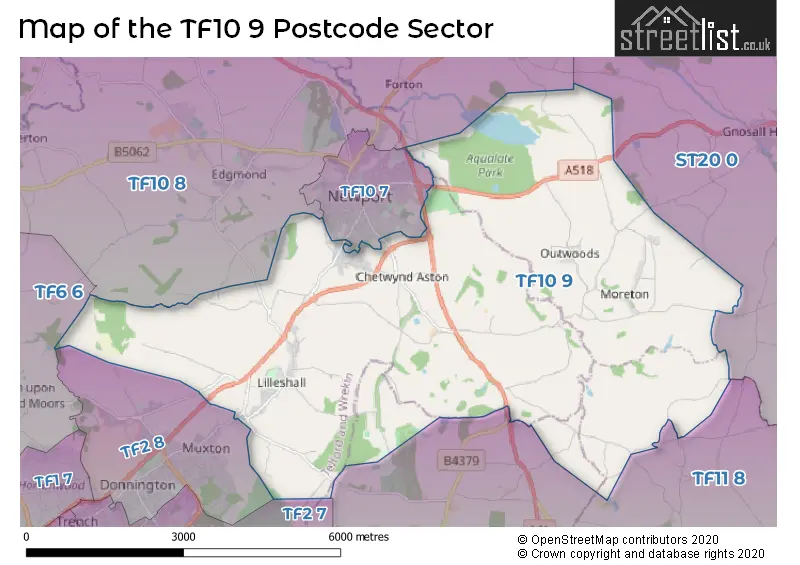 Map of the TF10 9 and surrounding postcode sector