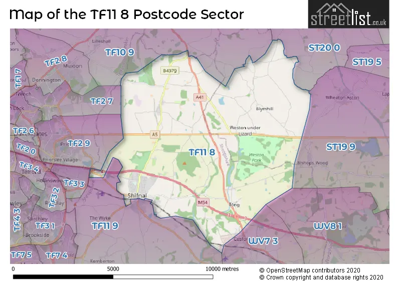 Map of the TF11 8 and surrounding postcode sector