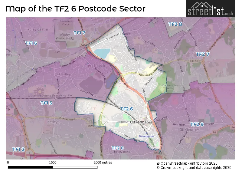 Map of the TF2 6 and surrounding postcode sector