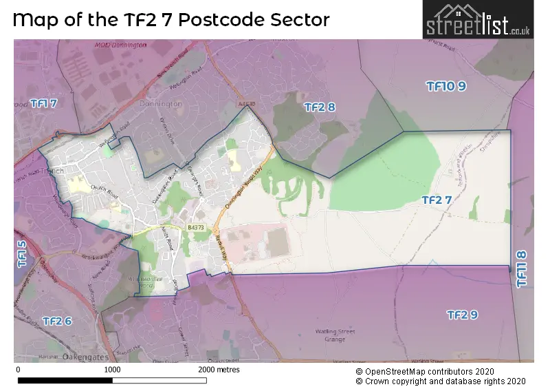 Map of the TF2 7 and surrounding postcode sector