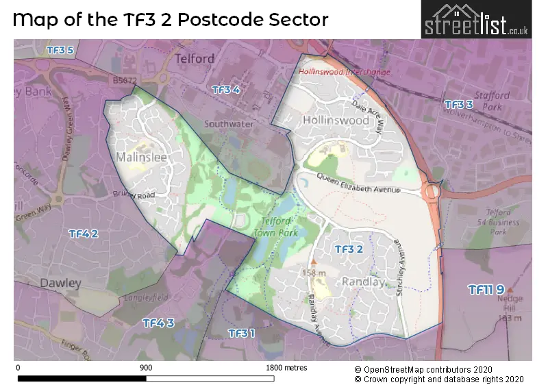 Map of the TF3 2 and surrounding postcode sector