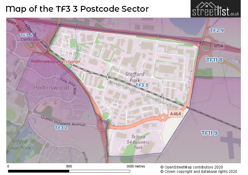 Map of the TF3 3 and surrounding postcode sector