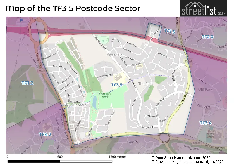 Map of the TF3 5 and surrounding postcode sector