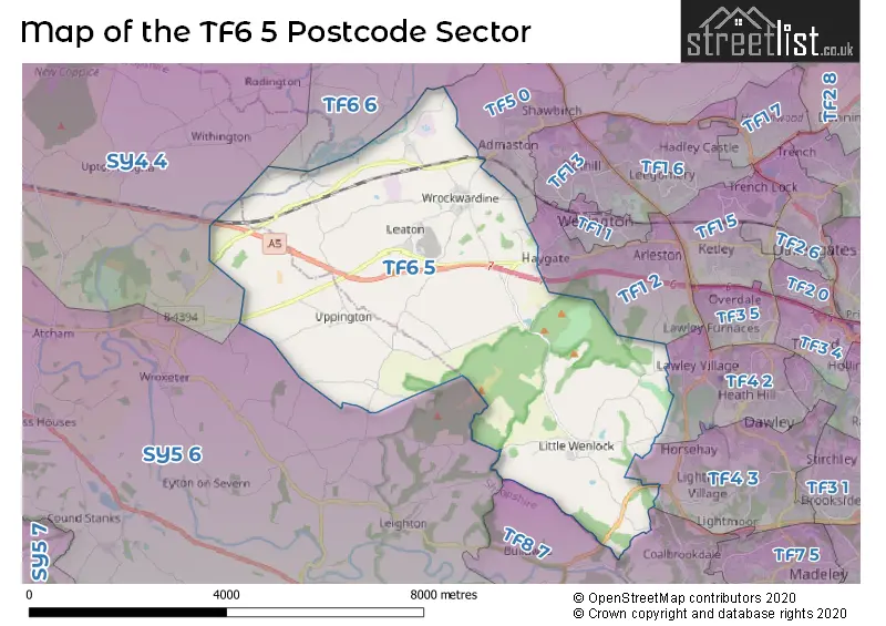 Map of the TF6 5 and surrounding postcode sector