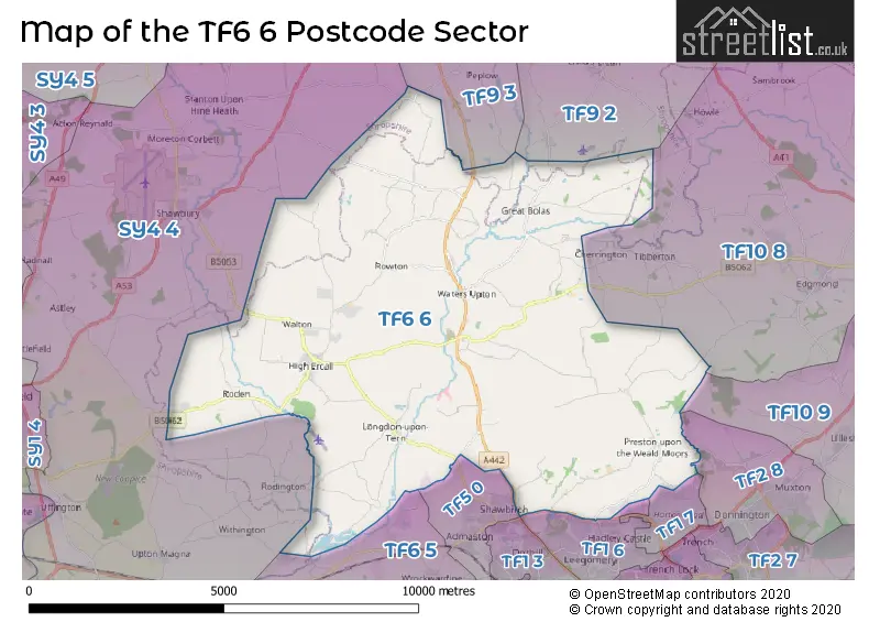 Map of the TF6 6 and surrounding postcode sector