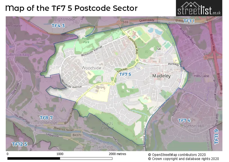 Map of the TF7 5 and surrounding postcode sector