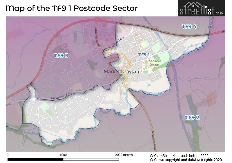 Map of the TF9 1 and surrounding postcode sector
