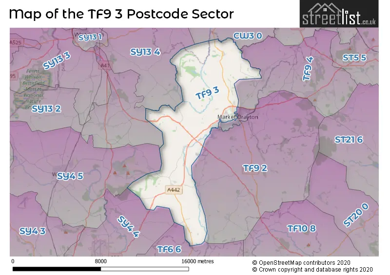 Map of the TF9 3 and surrounding postcode sector