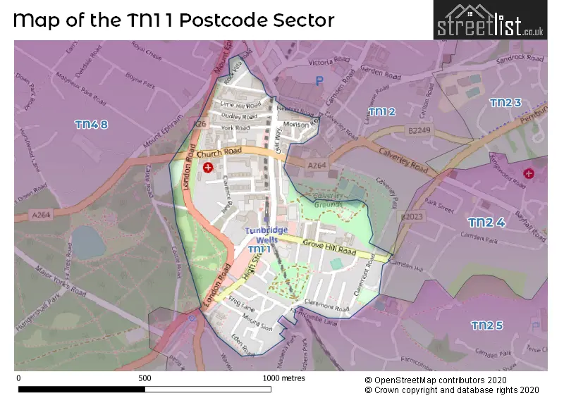 Map of the TN1 1 and surrounding postcode sector