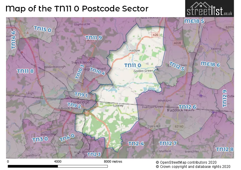 Map of the TN11 0 and surrounding postcode sector