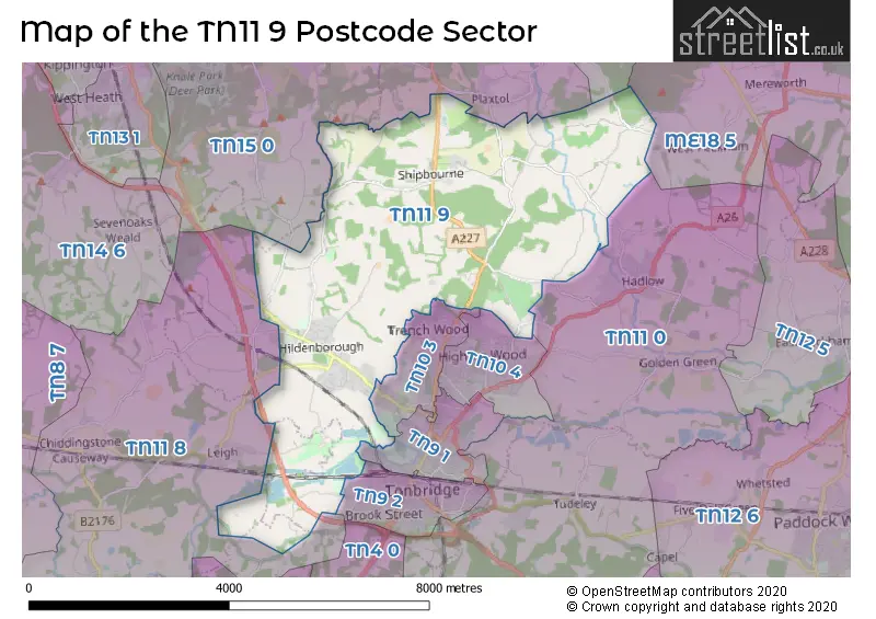 Map of the TN11 9 and surrounding postcode sector