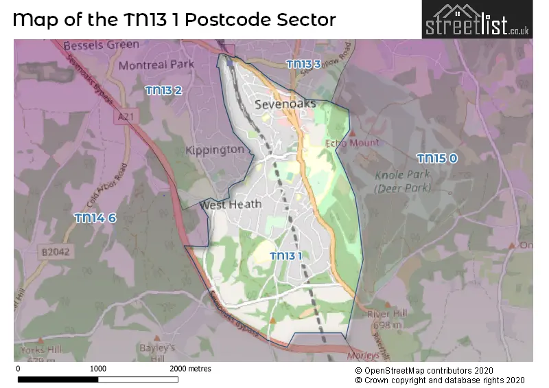 Map of the TN13 1 and surrounding postcode sector