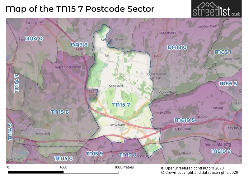 Map of the TN15 7 and surrounding postcode sector