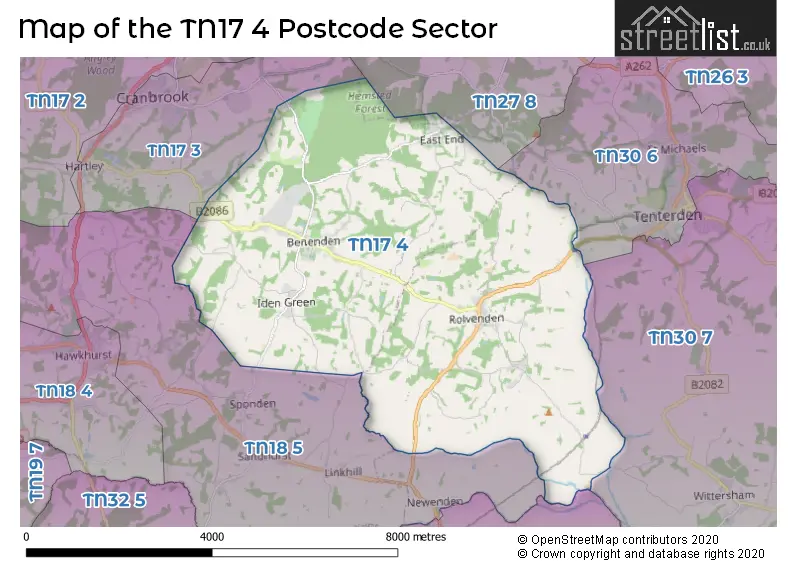 Map of the TN17 4 and surrounding postcode sector