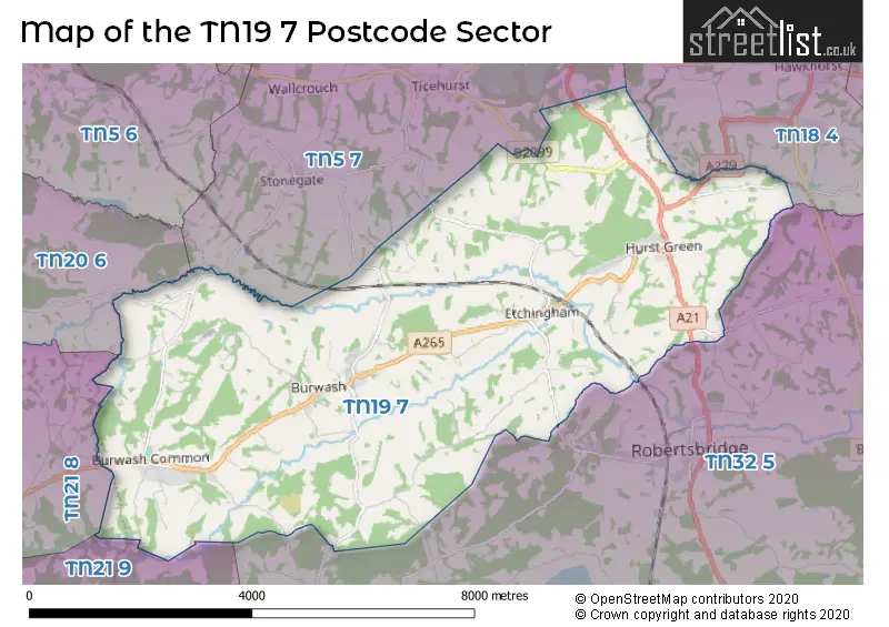Map of the TN19 7 and surrounding postcode sector