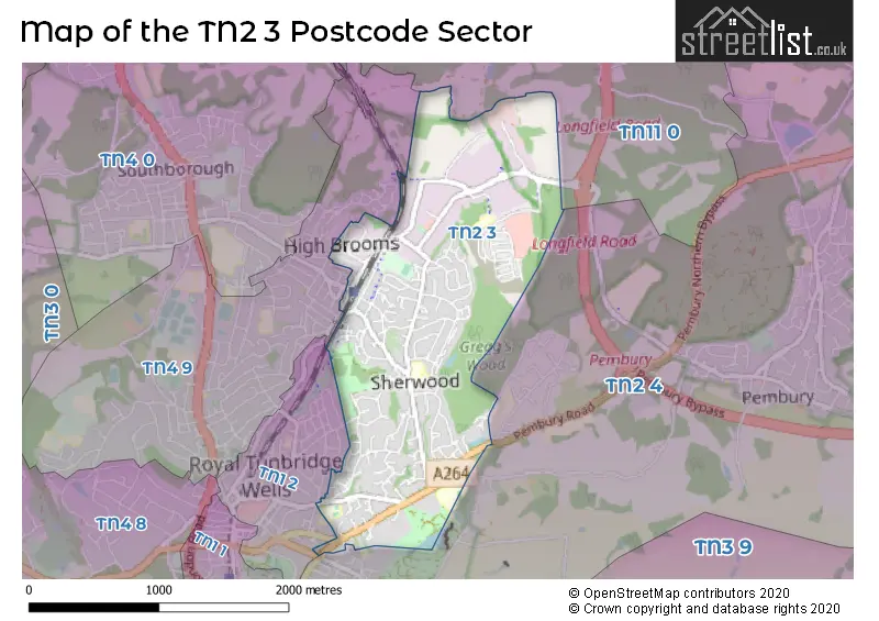 Map of the TN2 3 and surrounding postcode sector