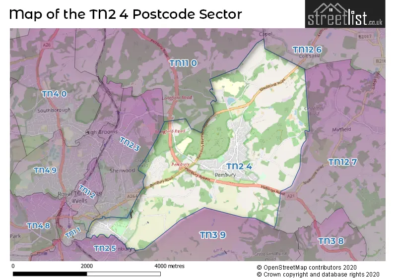 Map of the TN2 4 and surrounding postcode sector