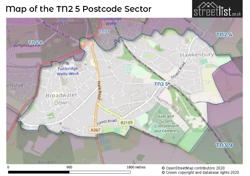 Map of the TN2 5 and surrounding postcode sector
