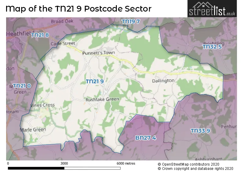 Map of the TN21 9 and surrounding postcode sector