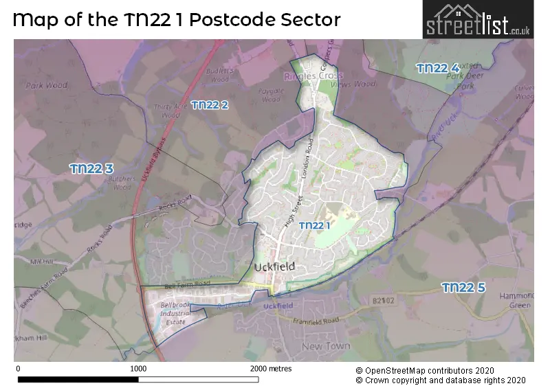 Map of the TN22 1 and surrounding postcode sector