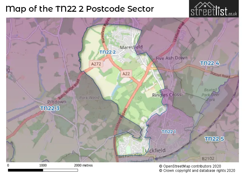 Map of the TN22 2 and surrounding postcode sector