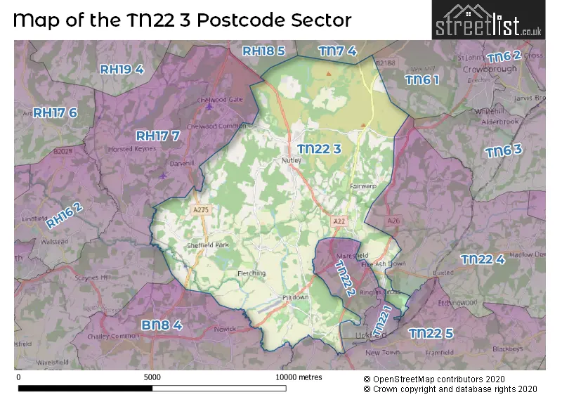 Map of the TN22 3 and surrounding postcode sector