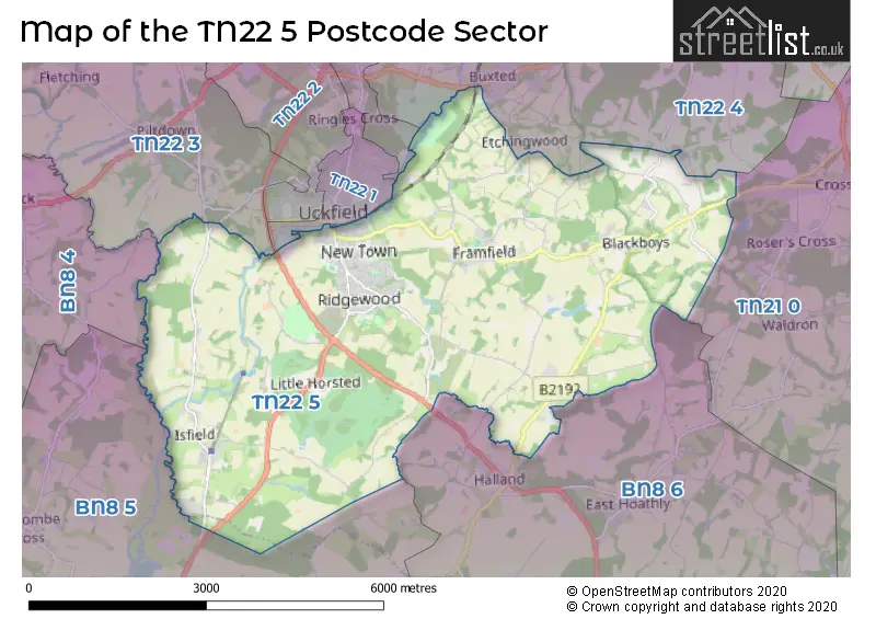 Map of the TN22 5 and surrounding postcode sector