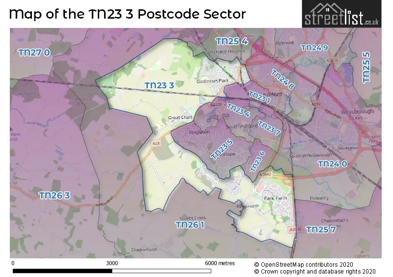 Map of the TN23 3 and surrounding postcode sector