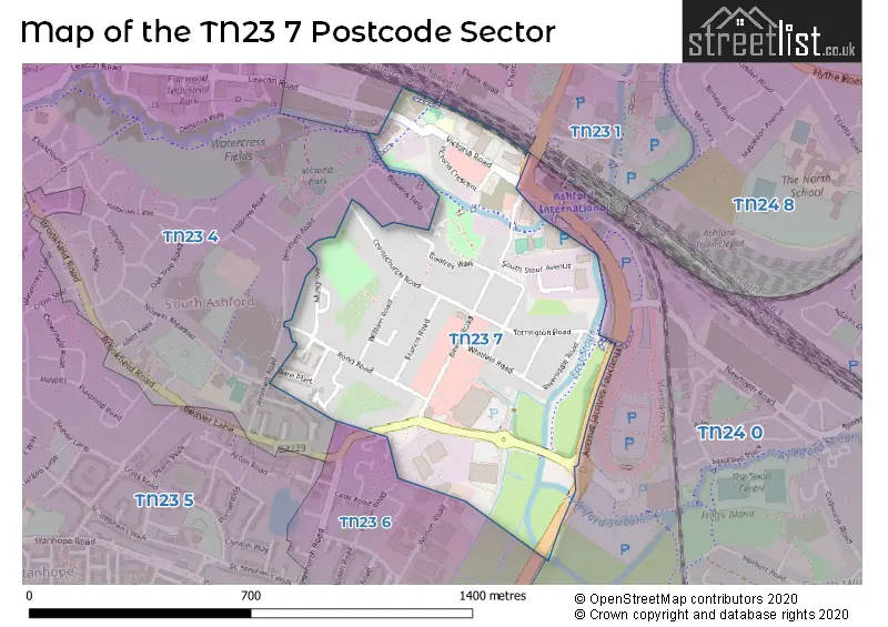 Map of the TN23 7 and surrounding postcode sector