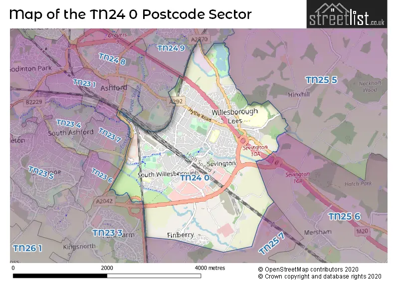 Map of the TN24 0 and surrounding postcode sector