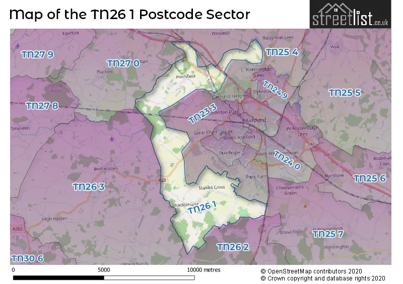 Map of the TN26 1 and surrounding postcode sector