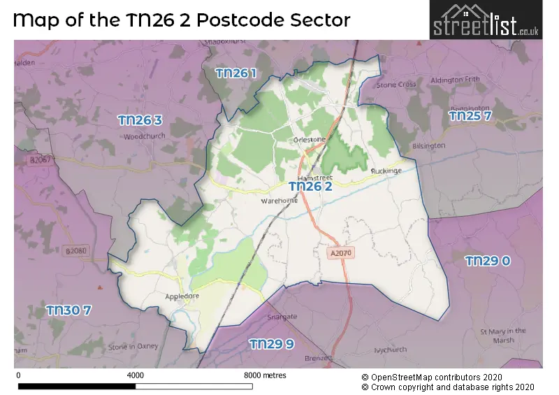 Map of the TN26 2 and surrounding postcode sector