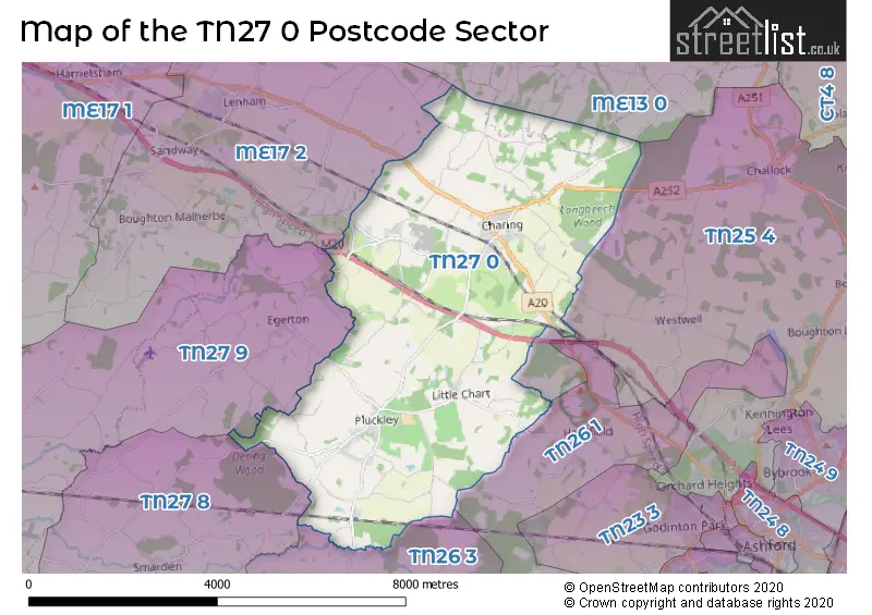 Map of the TN27 0 and surrounding postcode sector