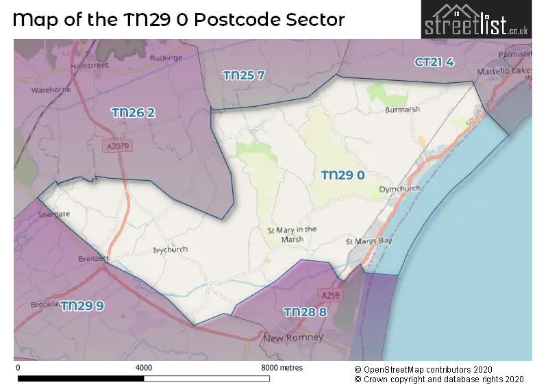 Map of the TN29 0 and surrounding postcode sector
