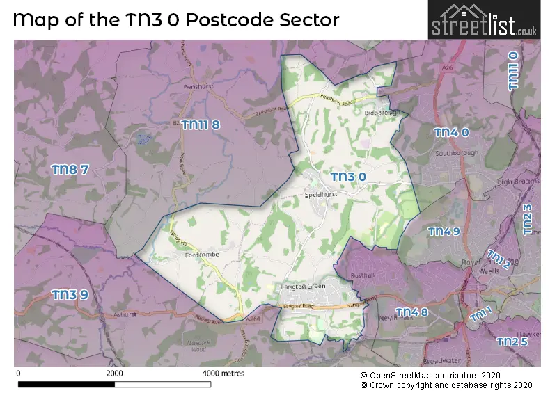Map of the TN3 0 and surrounding postcode sector