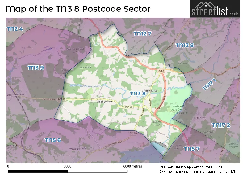 Map of the TN3 8 and surrounding postcode sector