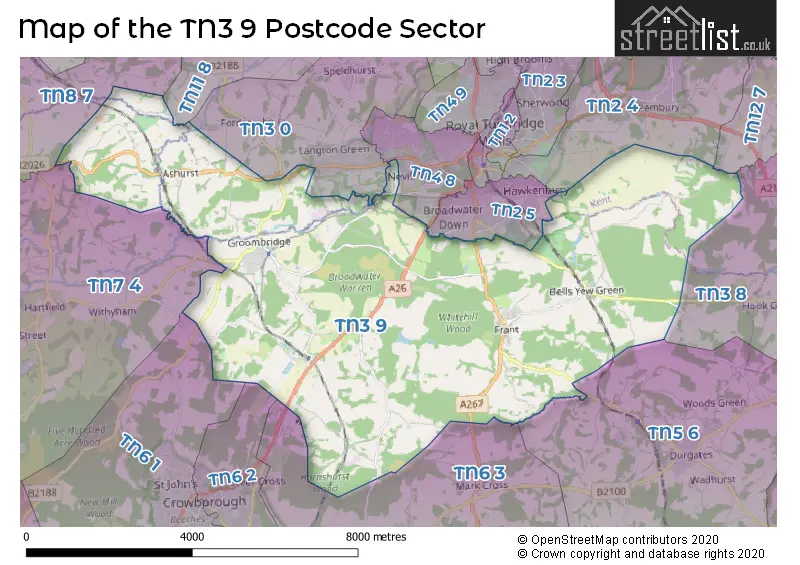 Map of the TN3 9 and surrounding postcode sector