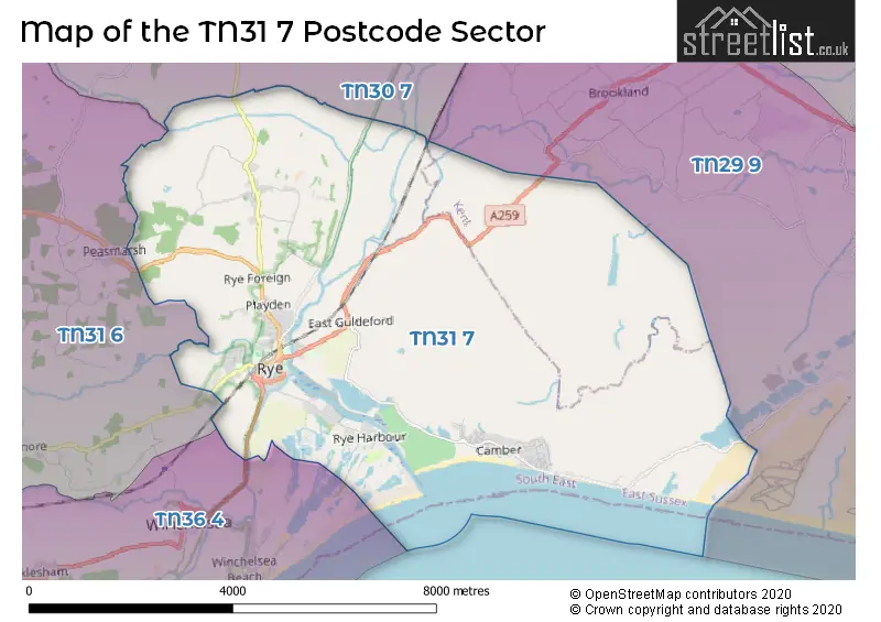 Map of the TN31 7 and surrounding postcode sector