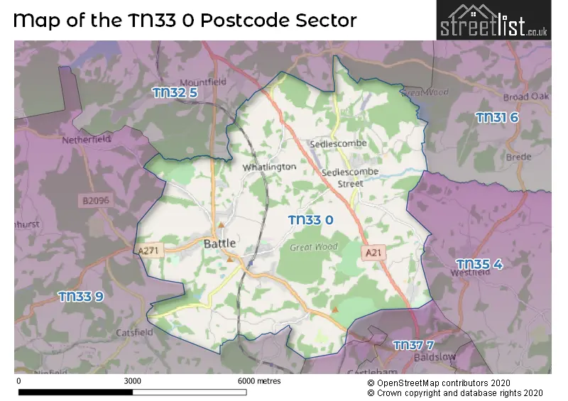 Map of the TN33 0 and surrounding postcode sector