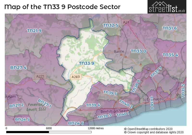Map of the TN33 9 and surrounding postcode sector