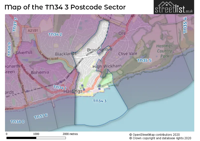 Map of the TN34 3 and surrounding postcode sector