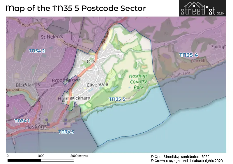 Map of the TN35 5 and surrounding postcode sector