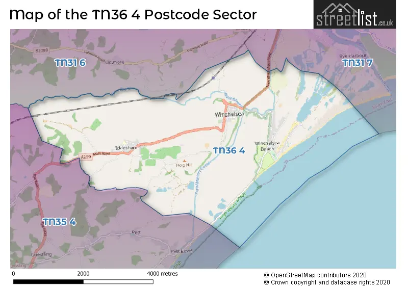 Map of the TN36 4 and surrounding postcode sector