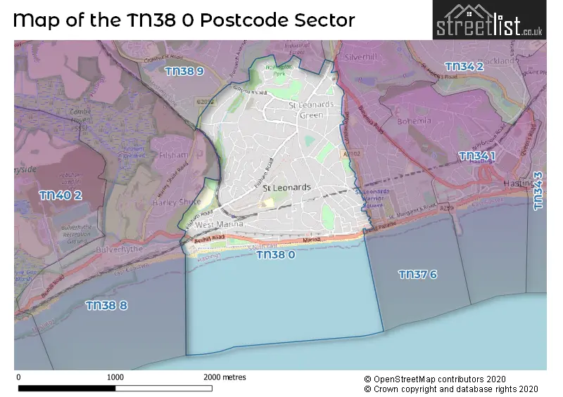 Map of the TN38 0 and surrounding postcode sector