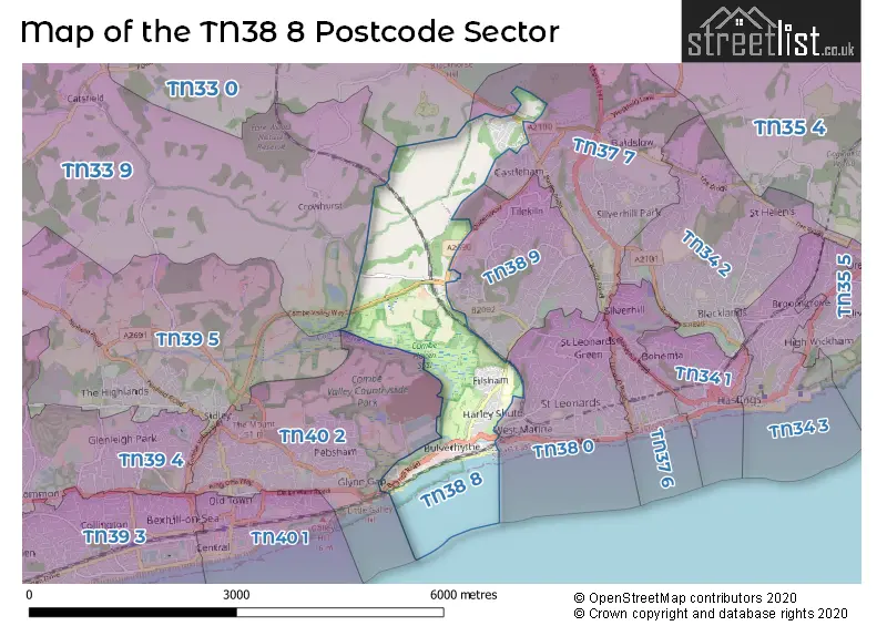 Map of the TN38 8 and surrounding postcode sector