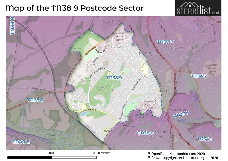 Map of the TN38 9 and surrounding postcode sector