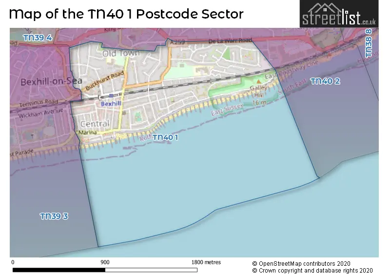 Map of the TN40 1 and surrounding postcode sector